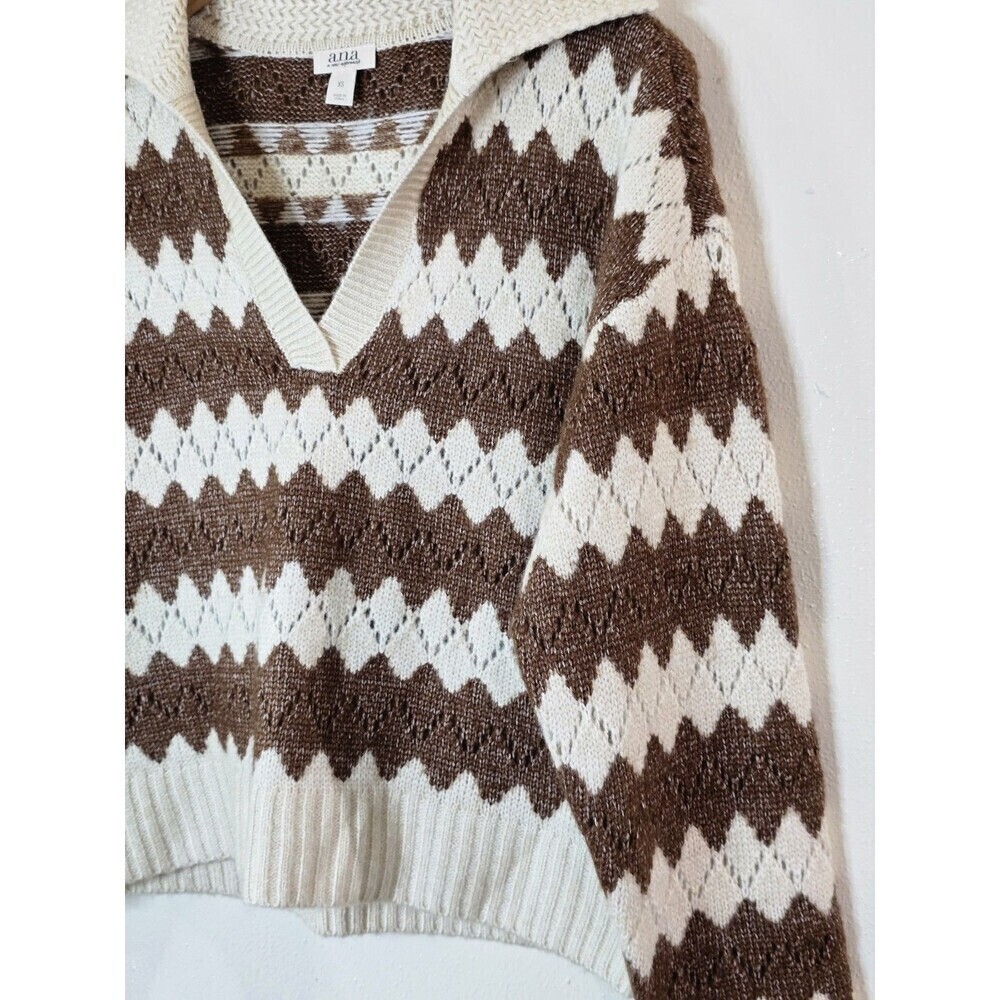 ANA A New Approach Chevron Sweater Womens XS Brown Cream Collared V Neck Knit - Picture 7 of 11